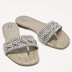Pre Owned Gina Grey Croc Embossed Patent and Leather Crystal Embellished Flat Slides Size 36