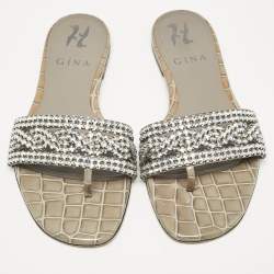 Pre Owned Gina Grey Croc Embossed Patent and Leather Crystal Embellished Flat Slides Size 36
