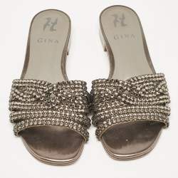 Pre Owned Gina Metallic Bronze Leather Crystal Embellished Flat Slides Size 37.5