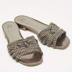 Pre Owned Gina Metallic Bronze Leather Crystal Embellished Flat Slides Size 37.5