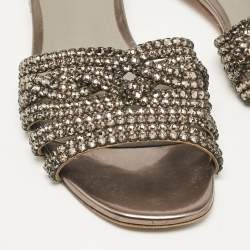 Pre Owned Gina Metallic Bronze Leather Crystal Embellished Flat Slides Size 37.5