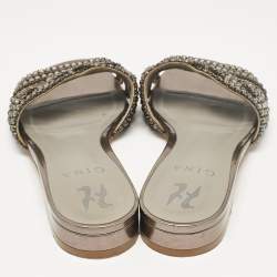 Pre Owned Gina Metallic Bronze Leather Crystal Embellished Flat Slides Size 37.5