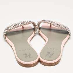 مملوكة مسبقًا Gina Pink Crystal Embellished Leather Flat Slides Size 37