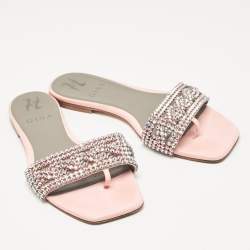 مملوكة مسبقًا Gina Pink Crystal Embellished Leather Flat Slides Size 37