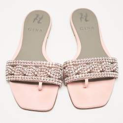 مملوكة مسبقًا Gina Pink Crystal Embellished Leather Flat Slides Size 37