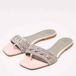 مملوكة مسبقًا Gina Pink Crystal Embellished Leather Flat Slides Size 37