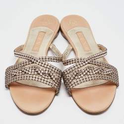 Pre Owned Gina Pink Crystal Embellished Leather Flat Slides Size 40.5 