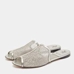 Gina Metallic Grey Glitter Mesh Flat Slides Size 40.5