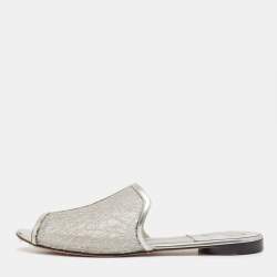 Gina Metallic Grey Glitter Mesh Flat Slides Size 40.5