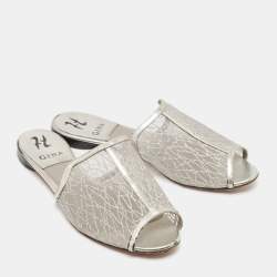 Gina Metallic Grey Glitter Mesh Flat Slides Size 40.5