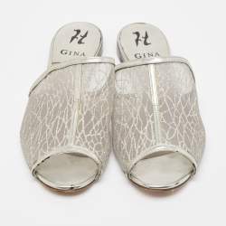 Gina Metallic Grey Glitter Mesh Flat Slides Size 40.5