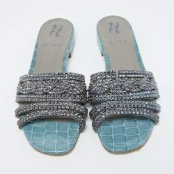 Pre Owned Gina Blue Croc Embossed Patent Leather Slide Sandals Size 37.5