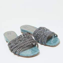Pre Owned Gina Blue Croc Embossed Patent Leather Slide Sandals Size 37.5