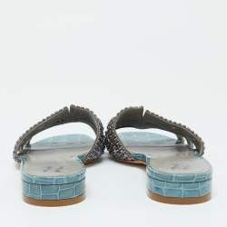 Pre Owned Gina Blue Croc Embossed Patent Leather Slide Sandals Size 37.5