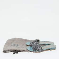 Pre Owned Gina Blue Croc Embossed Patent Leather Slide Sandals Size 37.5