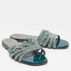 Gina Green Leather and Patent Crystal Embellished Flat Slides Size 36