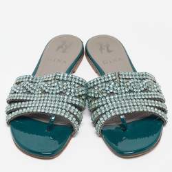 Gina Green Leather and Patent Crystal Embellished Flat Slides Size 36