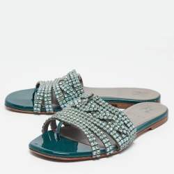 Gina Green Leather and Patent Crystal Embellished Flat Slides Size 36