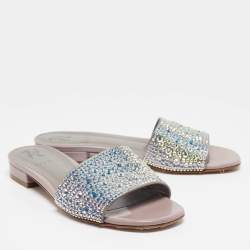 مملوكة مسبقًا Gina Grey/Purple Leather Crystal Embellished Flat Slides Size 37.5