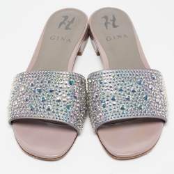 مملوكة مسبقًا Gina Grey/Purple Leather Crystal Embellished Flat Slides Size 37.5