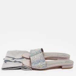 مملوكة مسبقًا Gina Grey/Purple Leather Crystal Embellished Flat Slides Size 37.5