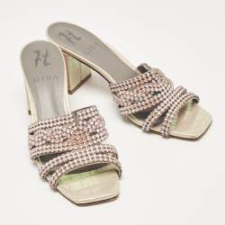 مملوكة مسبقًا Gina Pink Crystal Embellished Leather Slide Sandals Size 36