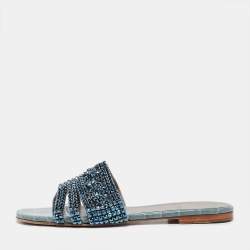 Gina Blue Crystal Embellished Leather Flat Slides Size 37