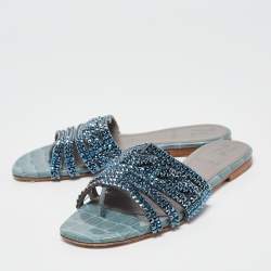 Gina Blue Crystal Embellished Leather Flat Slides Size 37