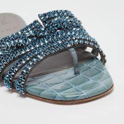 Gina Blue Crystal Embellished Leather Flat Slides Size 37