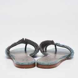 Gina Blue Crystal Embellished Leather Flat Slides Size 37