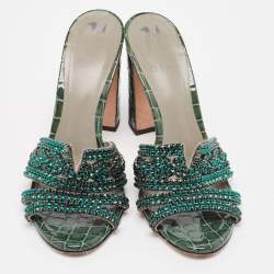 Gina Green Croc Embossed Leather Slide Sandals Size 39