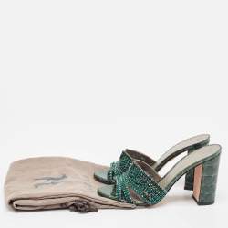 Gina Green Croc Embossed Leather Slide Sandals Size 39