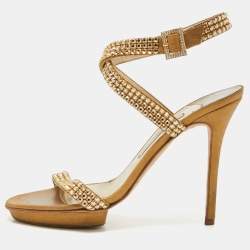 Gina Gold Crystal Embellished Suede Ankle Wrap Sandals Size 39