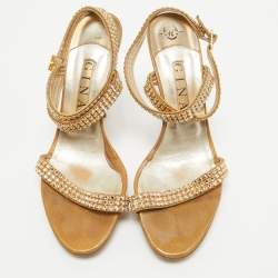 Gina Gold Crystal Embellished Suede Ankle Wrap Sandals Size 39