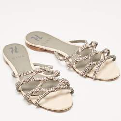 Pre Owned Gina Beige Leather Crystal Embellished Flat Slides Size 40
