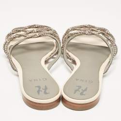 Pre Owned Gina Beige Leather Crystal Embellished Flat Slides Size 40