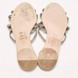 Pre Owned Gina Beige Leather Crystal Embellished Flat Slides Size 40