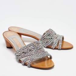 Gina Silver Patent and Leather Crystal Embellished Slide Sandals Size 39