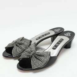 Gina Black Crystal Embellished Leather Bow Slide Sandals Size 38.5