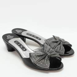 Gina Black Crystal Embellished Leather Bow Slide Sandals Size 38.5