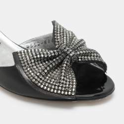 Gina Black Crystal Embellished Leather Bow Slide Sandals Size 38.5