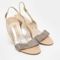 Gina Beige Crystal Embellished Leather Slingback Sandals Size 37