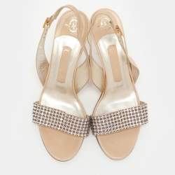 Gina Beige Crystal Embellished Leather Slingback Sandals Size 37