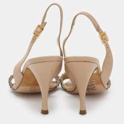 Gina Beige Crystal Embellished Leather Slingback Sandals Size 37