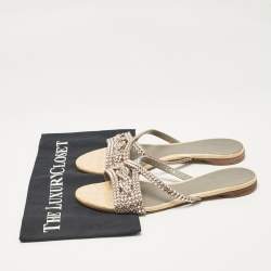 Gina Pink/Beige Crystal Embellished Leather Flat Slides Size 38.5