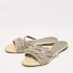 Gina Pink/Beige Crystal Embellished Leather Flat Slides Size 38.5