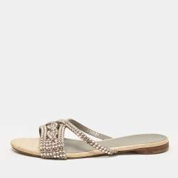 Gina Pink/Beige Crystal Embellished Leather Flat Slides Size 38.5