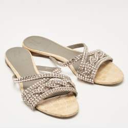 Gina Pink/Beige Crystal Embellished Leather Flat Slides Size 38.5