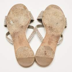 Gina Pink/Beige Crystal Embellished Leather Flat Slides Size 38.5