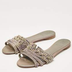 Gina Metallic Crystal Embellished Leather Flat Slides Size 38.5